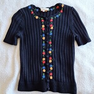 Sezane Ileana Black Cardigan/Sweater with Multicolor Floral Embroidery